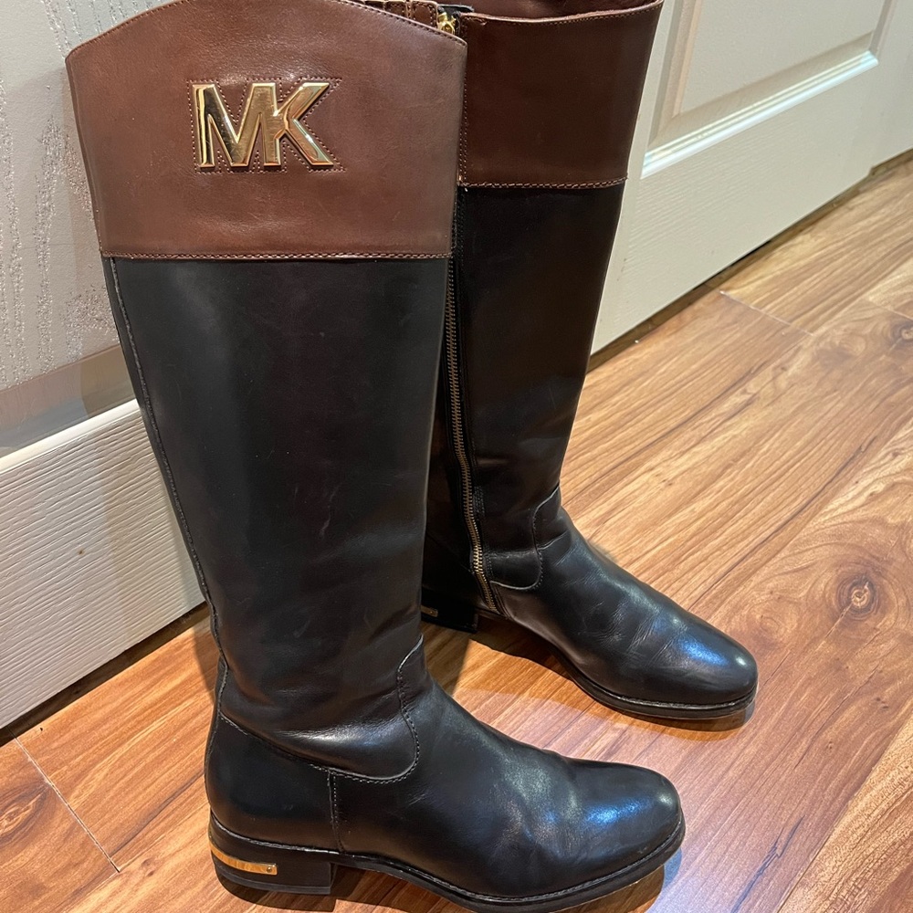 Michael Kors black and brown leather riding boots, knee high boots